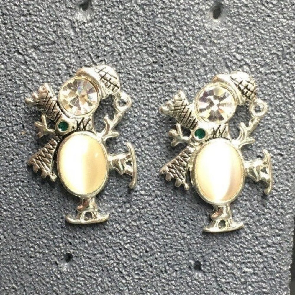 Silver Moonstone Snowman Earrings Rhinestone Ice Skates